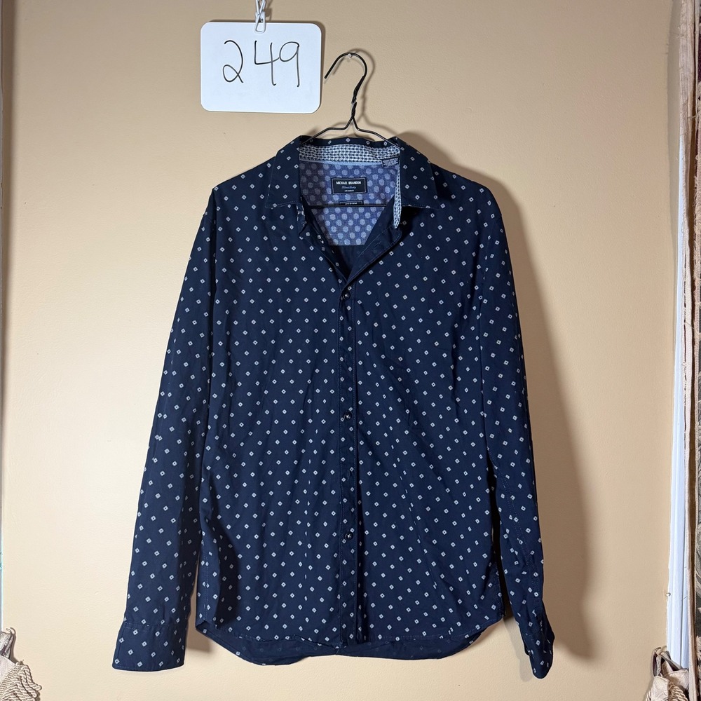 Michael Brandon Mens Navy Blue Geometric Diamond Print Button Down Shirt Medium